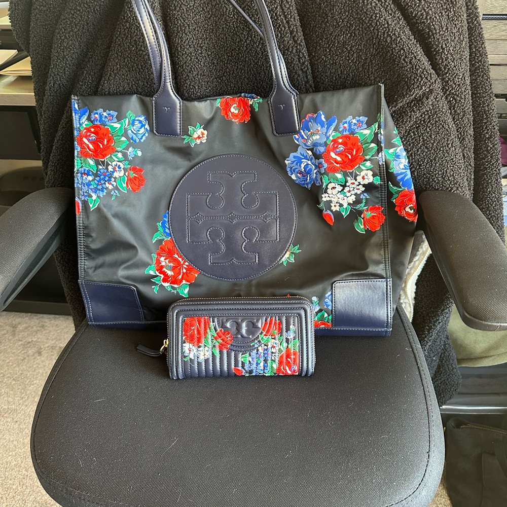 Tory Burch navy floral tote with matching wallet